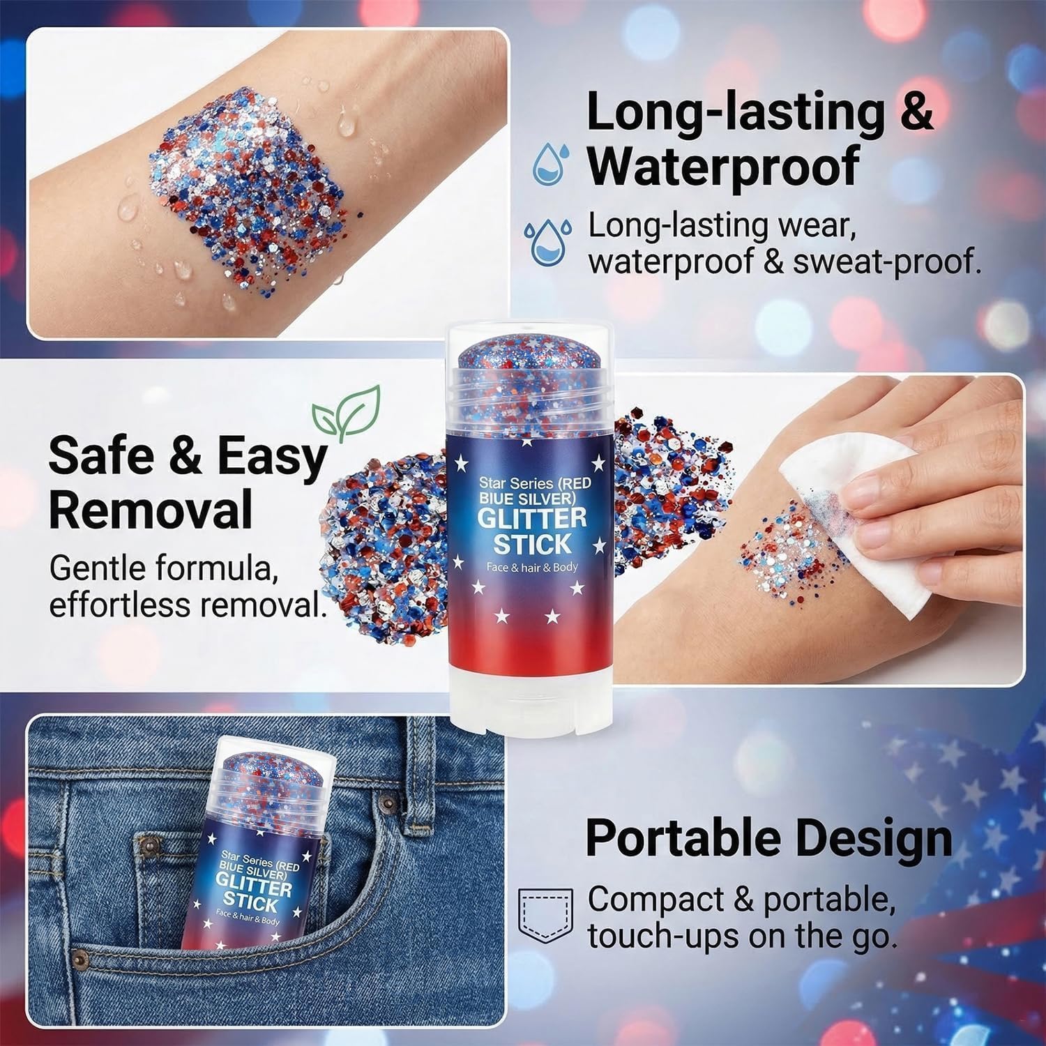 3-in-1 Patriotic Glow😍✨Red, White & Blue Glitter Body Stick -EDC - cartographermarket