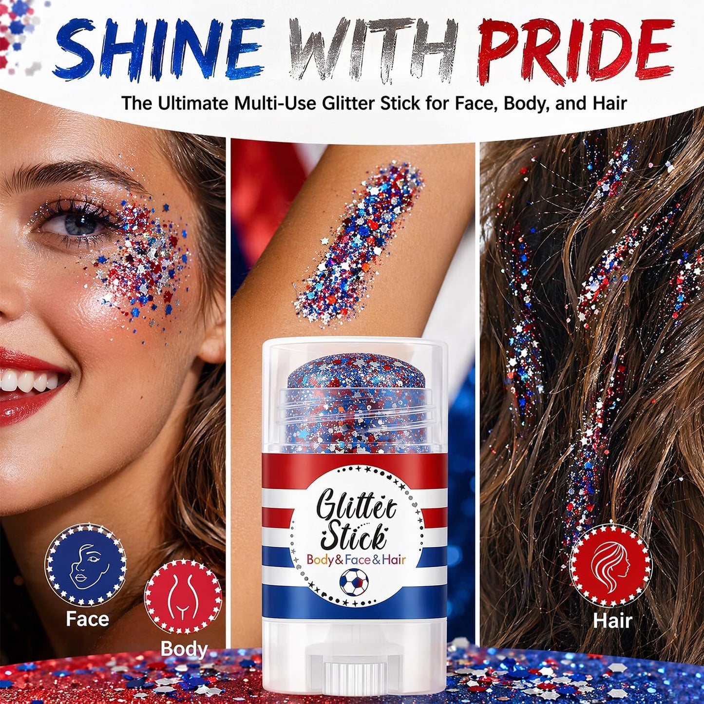3-in-1 Patriotic Glow😍✨Red, White & Blue Glitter Body Stick -EDC - cartographermarket