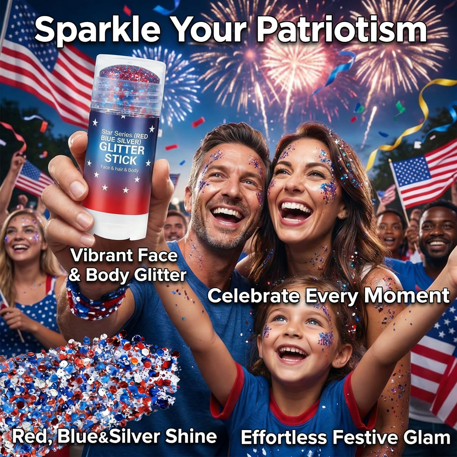 3-in-1 Patriotic Glow😍✨Red, White & Blue Glitter Body Stick -EDC - cartographermarket