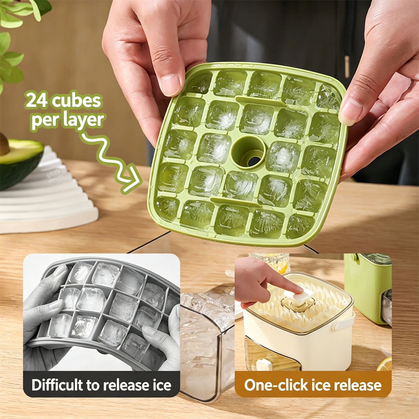 One-Press Ice Cube Tray with Storage Bin - BPA-Free 2-in-1 Ice Maker-SUY